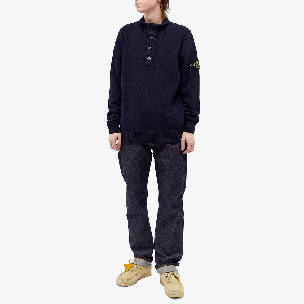 Stone Island Men's Stand Collar Button Neck Knit Navy Blue